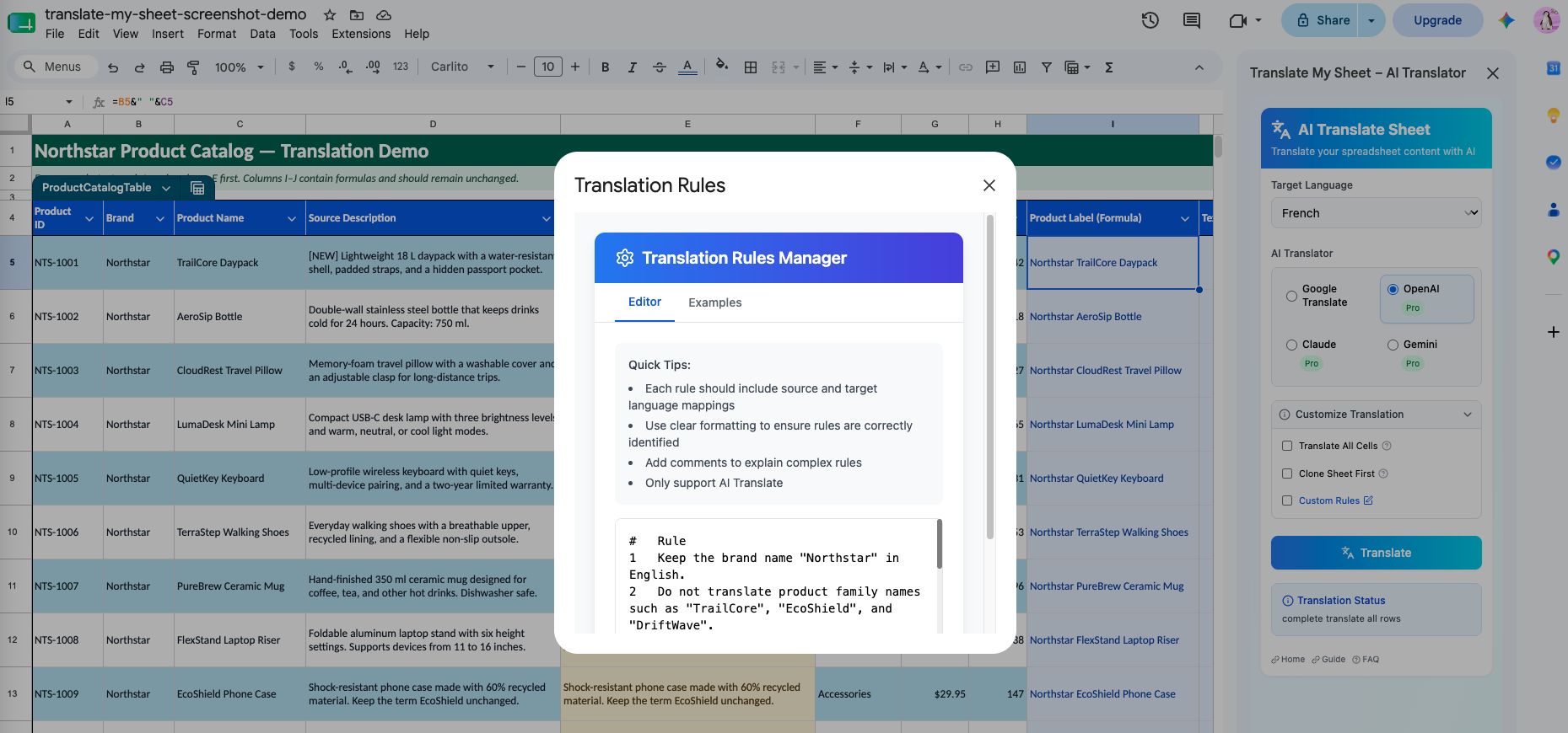 Translation Rules Manager open inside Google Sheets