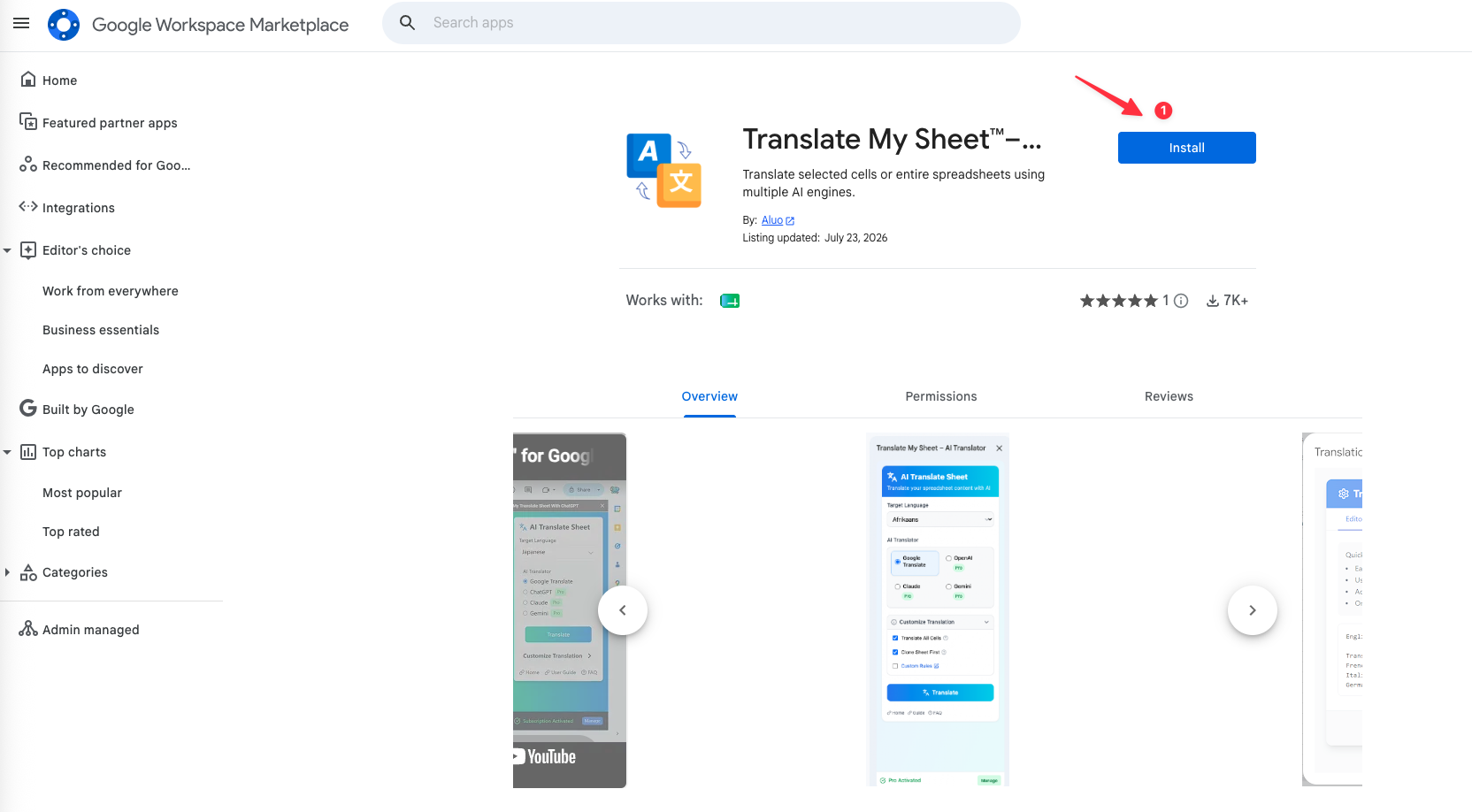 Installing Translate My Sheet from Google Workspace Marketplace