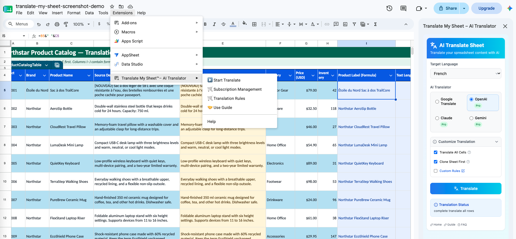 Google Sheets Extensions menu showing Translate My Sheet and Start Translate