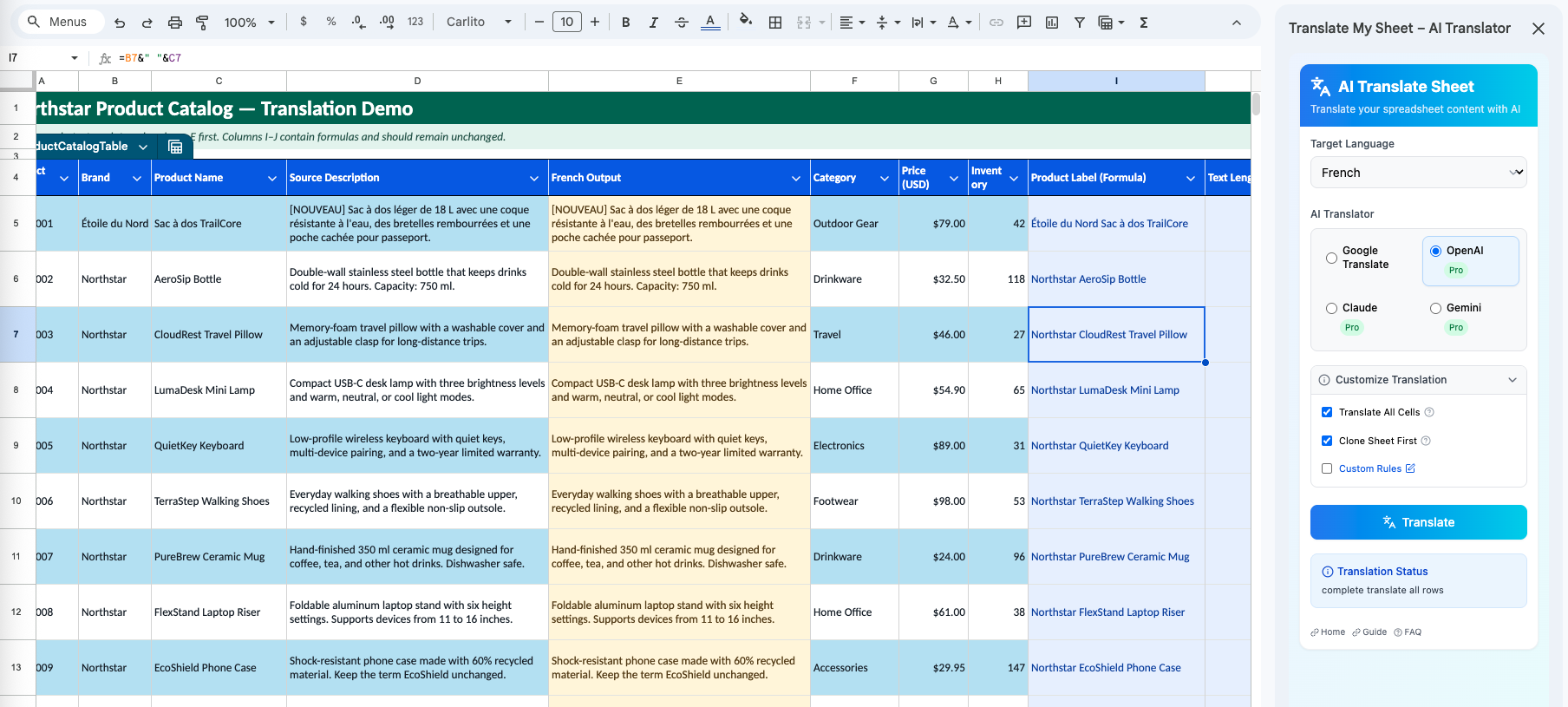 Translate My Sheet sidebar with Translate All Cells and Clone Sheet First enabled